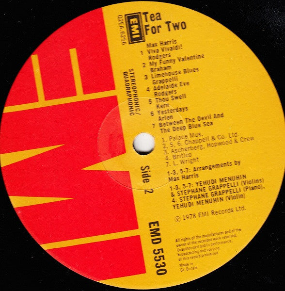 Yehudi Menuhin & Stéphane Grappelli : Tea For Two (LP, Album, Quad)