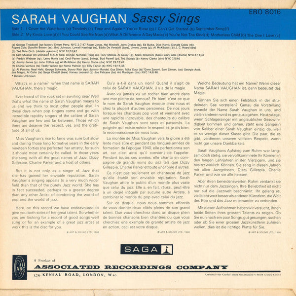Sarah Vaughan - Sassy Sings (LP) (Good Plus (G)) - DaddyPop