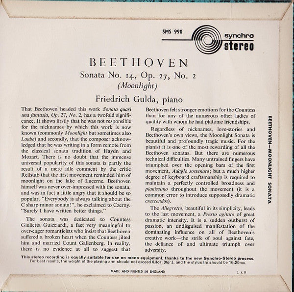Ludwig van Beethoven - Friedrich Gulda : Sonata N° 14 In C Sharp Minor Op. 27 No. 2 "Moonlight" (7")