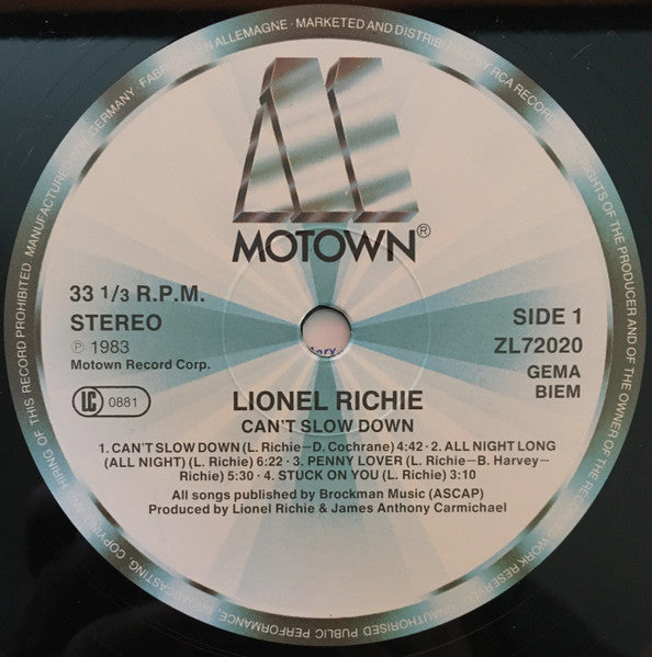 Lionel Richie : Can't Slow Down (LP, Album, RE, Gat)