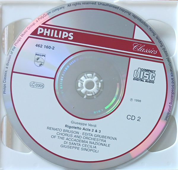Giuseppe Verdi - Edita Gruberova, Brigitte Fassbaender, Neil Shicoff, Renato Bruson, Robert Lloyd (4), Coro dell'Accademia Nazionale di Santa Cecilia & Orchestra dell'Accademia Nazionale di Santa Cecilia, Giuseppe Sinopoli : Rigoletto (2xCD, Album, RE)