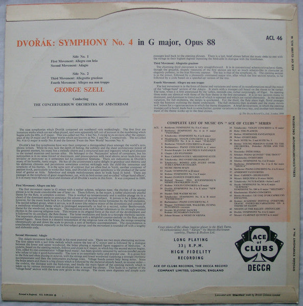 Antonín Dvořák, Concertgebouworkest, George Szell : Symphony No. 4 (LP, Mono, RE)