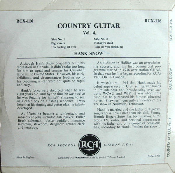 Hank Snow : Country Guitar Vol. 4 (7", EP, M/T)