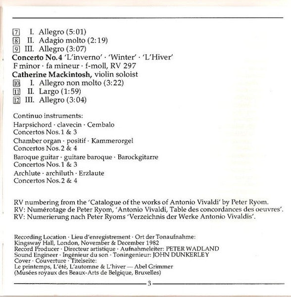 Antonio Vivaldi - The Academy Of Ancient Music, Christopher Hogwood / Alison Bury · Catherine Mackintosh · Christopher Hirons · John Holloway : Le Quattro Stagioni = The Four Seasons = Die Vier Jahreszeiten = Les Quatre Saisons (CD, Album, RP)
