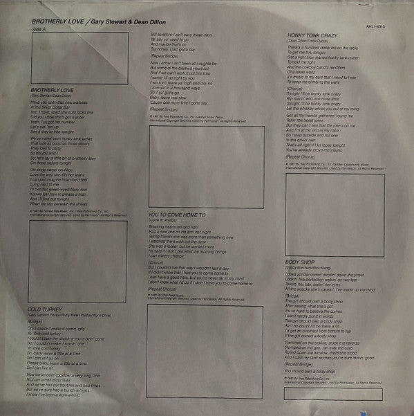Gary Stewart And Dean Dillon : Brotherly Love (LP, Album)