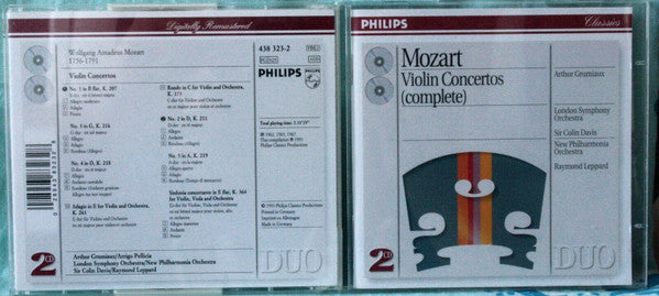 Wolfgang Amadeus Mozart, Arthur Grumiaux, London Symphony Orchestra, Sir Colin Davis, New Philharmonia Orchestra, Raymond Leppard : Violin Concertos (Complete) (2xCD, Comp, RM)