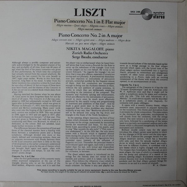 Franz Liszt, Nikita Magaloff, Zurich Radio Orchestra Conducted By Serge Baudo : Liszt Piano Concertos Nos. 1 & 2 (LP)