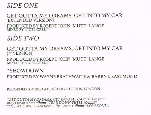 Billy Ocean : Get Outta My Dreams, Get Into My Car (12", Single)