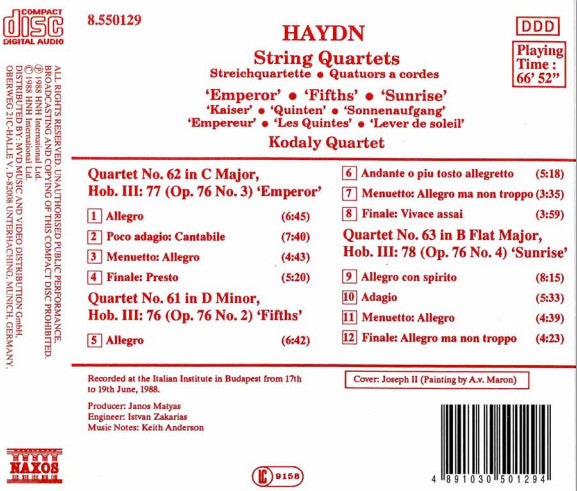 Joseph Haydn • Kodály Quartet : String Quartets ('Emperor' • 'Fifths' • 'Sunrise') (CD)
