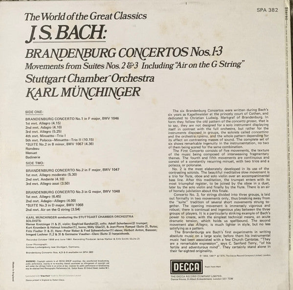Johann Sebastian Bach, Stuttgarter Kammerorchester, Karl Münchinger : Brandenburg Concertos Nos. 1-3 (LP, Comp, RE)