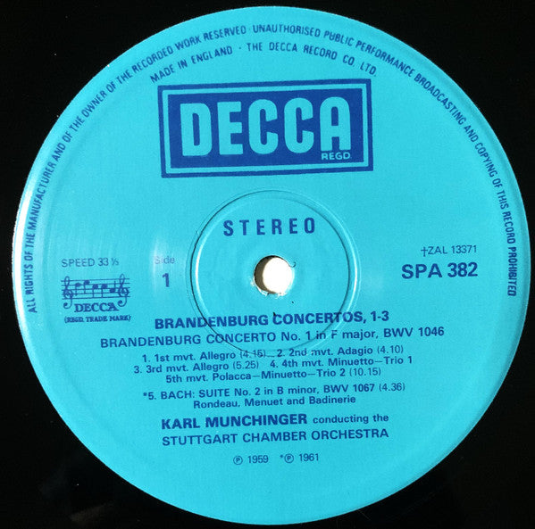Johann Sebastian Bach, Stuttgarter Kammerorchester, Karl Münchinger : Brandenburg Concertos Nos. 1-3 (LP, Comp, RE)
