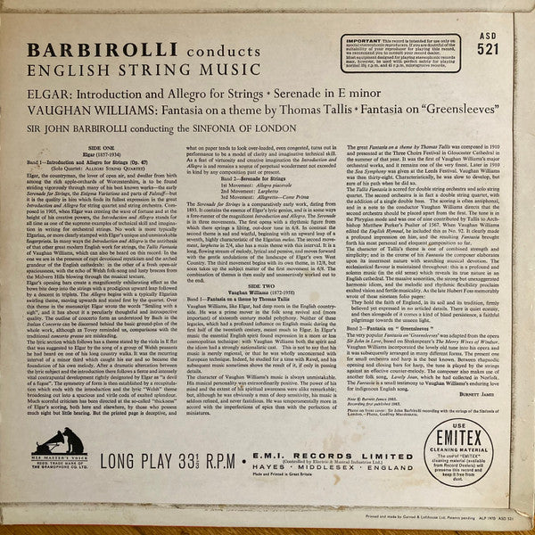 Sir John Barbirolli Conducts Sir Edward Elgar / Ralph Vaughan Williams - Sinfonia Of London With The Allegri String Quartet : English String Music (Introduction And Allegro For Strings ‧ Serenade In E Minor / Fantasia On A Theme By Thomas Tallis ‧ Fantasia On "Greensleeves") (LP, RP, ER2)