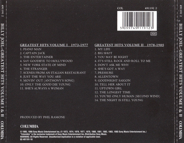 Billy Joel : Greatest Hits Volume I & Volume II (2xCD, Comp, RM)