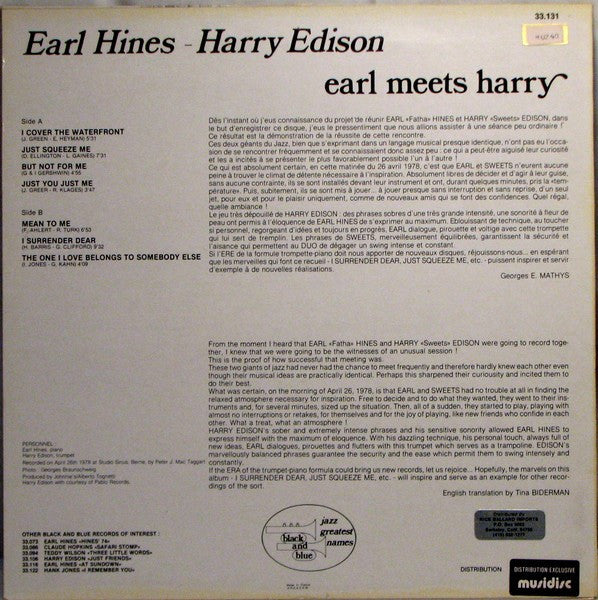 Earl Hines And Harry Edison : Earl Meets Harry (LP, Album)