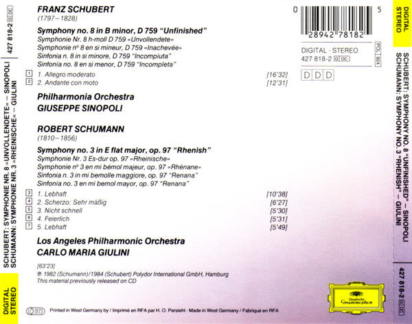 Franz Schubert, Robert Schumann - Giuseppe Sinopoli / Carlo Maria Giulini : Symphony No. 8 "Unvollendete" = "Unfinished = Inachevée" / Symphony No. 3 "Rheinische" = "Rhenish = Rhénane" (CD, Comp)