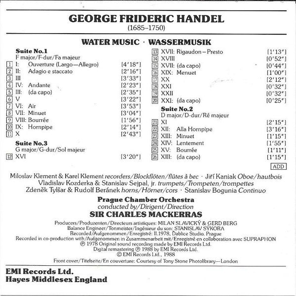 Georg Friedrich Händel / Sir Charles Mackerras : Water Music -  Wassermusik (CD, Album)