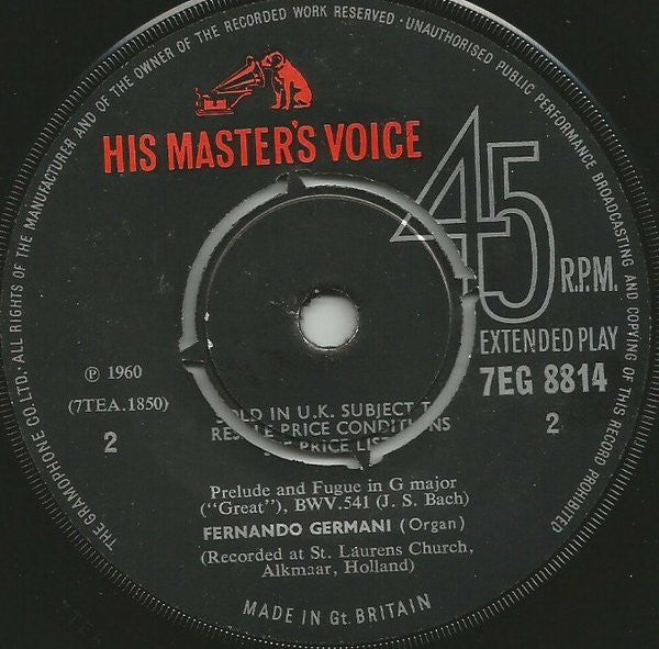 Charles-Marie Widor, Johann Sebastian Bach, Fernando Germani : Toccata & Prelude And Fugue In G ('The Great'), BWV 541 (7", EP, Mono)