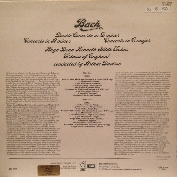 Johann Sebastian Bach, The Virtuosi Of England, Arthur Davison, Hugh Bean, Kenneth Sillito : Double Concerto In D Minor, Concerto In A Minor, Concerto In E Major (LP)