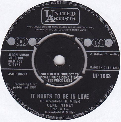 Gene Pitney : It Hurts To Be In Love  (7", Single)