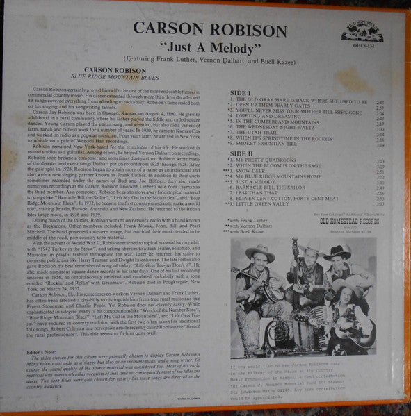 Carson J. Robison* : Just A Melody (LP, Comp)