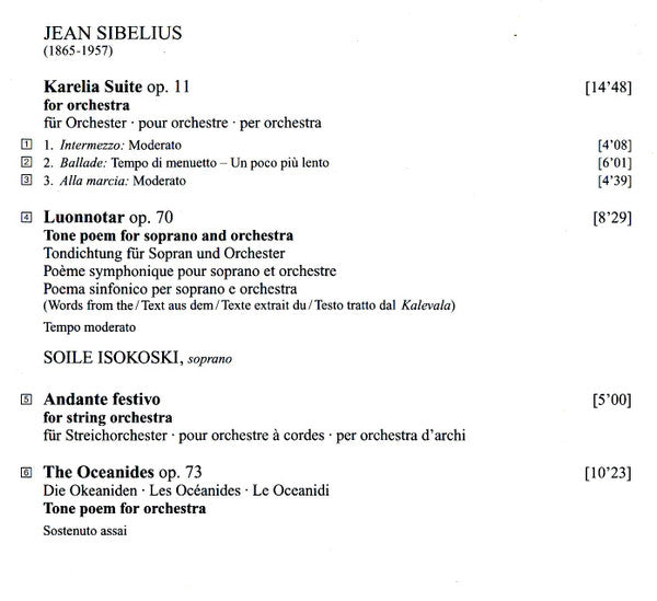 Jean Sibelius - Soile Isokoski · Göteborgs Symfoniker · Neeme Järvi : Finlandia · Luonnotar · Karelia Suite · Oceanides · King Christian (CD, Album)