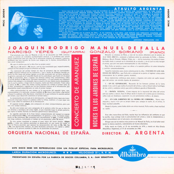 Joaquín Rodrigo, Narciso Yepes, Manuel de Falla, Gonzalo Soriano, Orquesta Nacional De España Director Ataúlfo Argenta : Concierto De Aranjuez / Noches En Los Jardines De España (LP, RE)