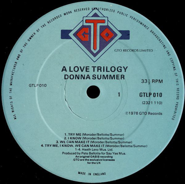 Donna Summer : A Love Trilogy (LP, Album, P/Mixed, RP)