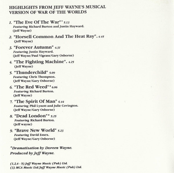 Jeff Wayne : Highlights From Jeff Wayne's Musical Version Of The War Of The Worlds (CD, Album, RE)