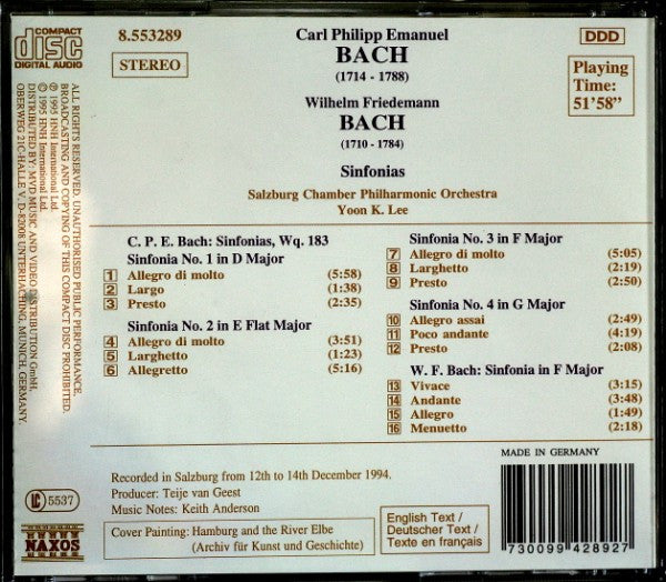 Carl Philipp Emanuel Bach, Wilhelm Friedemann Bach - Salzburger Kammerphilharmonie, Yoon Kuk Lee : Sinfonias, Wq. 183, Nos. 1 - 4 / Sinfonia In F Major (CD, Album)