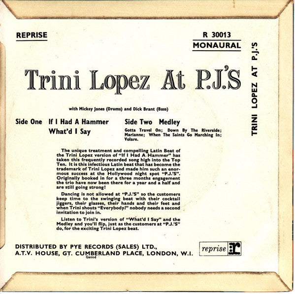 Trini Lopez : At PJ's (7", EP, Mono, Pap)