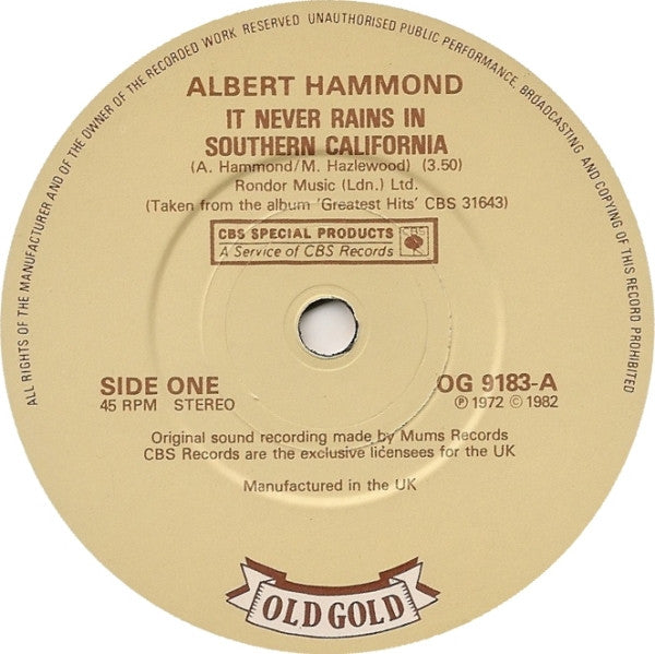 Albert Hammond - It Never Rains In Southern California Free Electric Band (Single) (Very Good Plus (VG)) - DaddyPop
