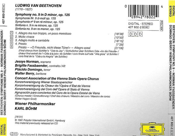 Ludwig van Beethoven – Jessye Norman / Brigitte Fassbaender / Placido Domingo / Walter Berry / Wiener Philharmoniker / Karl Böhm : Symphony No. 9 In D Minor, Op. 125 (CD, Album, RE)