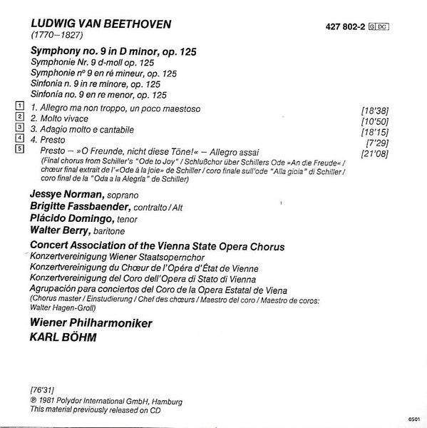 Ludwig van Beethoven – Jessye Norman / Brigitte Fassbaender / Placido Domingo / Walter Berry / Wiener Philharmoniker / Karl Böhm : Symphony No. 9 In D Minor, Op. 125 (CD, Album, RE)