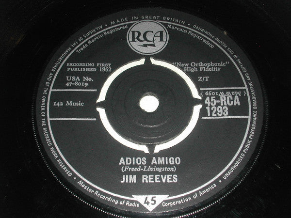 Jim Reeves : Adios Amigo / A Letter To My Heart (7", 4-P)