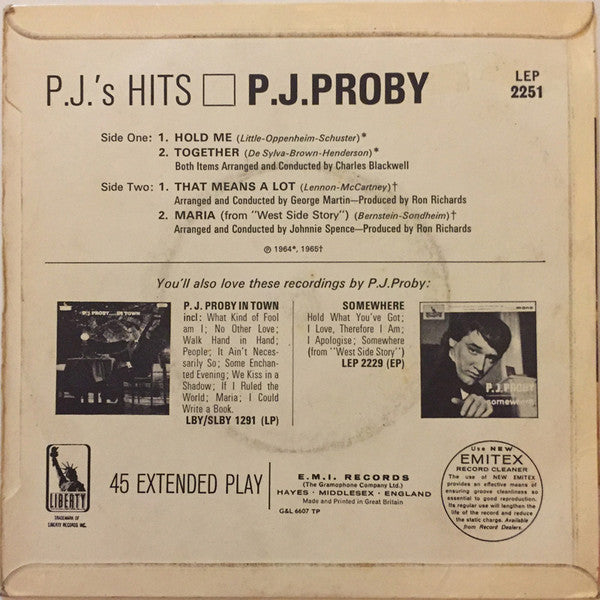 P.J. Proby : P.J.'s Hits (7", EP, Mono)