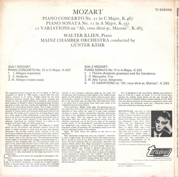 Wolfgang Amadeus Mozart - Walter Klien, Mainzer Kammerorchester, Günter Kehr : Piano Concero No. 21 In C Major, K. 467 / Piano Sonata No.11 In A Major, K. 331 / 12 Variations On "Ah, Vous Dirai-je, Maman," K. 265 (LP)