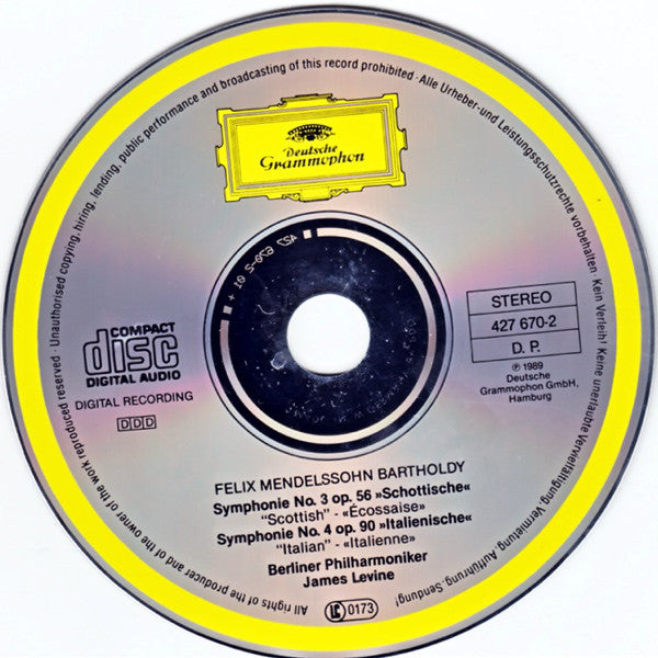 Felix Mendelssohn-Bartholdy – Berliner Philharmoniker · James Levine (2) : Symphonien No. 3 »Schottische« · No. 4 »Italienische« (CD, Album, PDO)