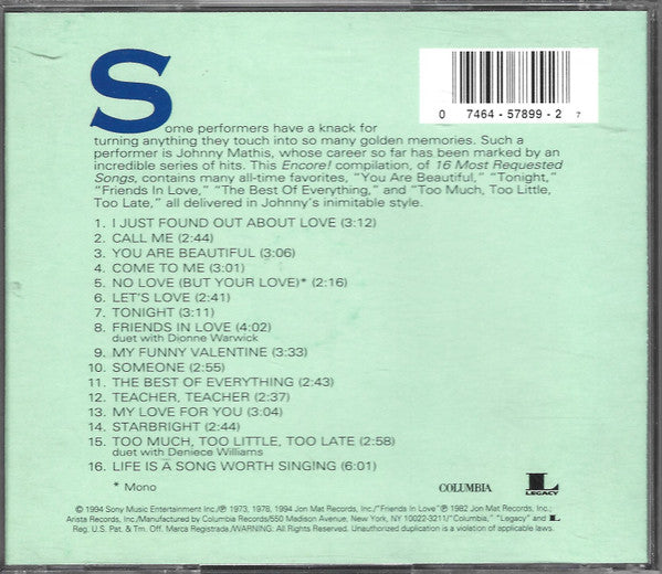 Johnny Mathis : Johnny Mathis: 16 Most Requested Songs Encore! (CD, Comp)