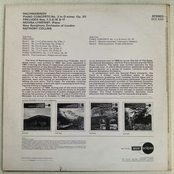 Sergei Vasilyevich Rachmaninoff, Dame Moura Lympany, The New Symphony Orchestra Of London, Anthony Collins (2) : Piano Concerto No. 3 / Preludes Nos. 1, 3, 6, 16 & 17 (LP, Comp, RM)