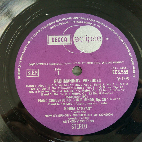 Sergei Vasilyevich Rachmaninoff, Dame Moura Lympany, The New Symphony Orchestra Of London, Anthony Collins (2) : Piano Concerto No. 3 / Preludes Nos. 1, 3, 6, 16 & 17 (LP, Comp, RM)