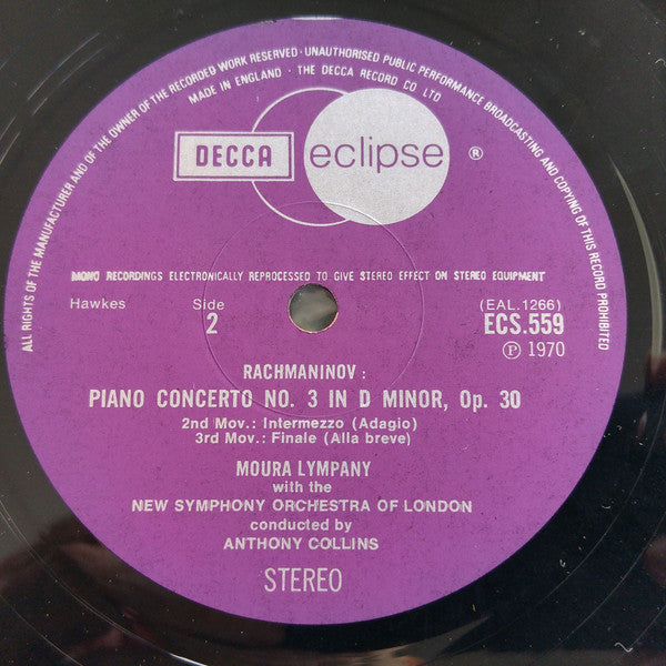 Sergei Vasilyevich Rachmaninoff, Dame Moura Lympany, The New Symphony Orchestra Of London, Anthony Collins (2) : Piano Concerto No. 3 / Preludes Nos. 1, 3, 6, 16 & 17 (LP, Comp, RM)