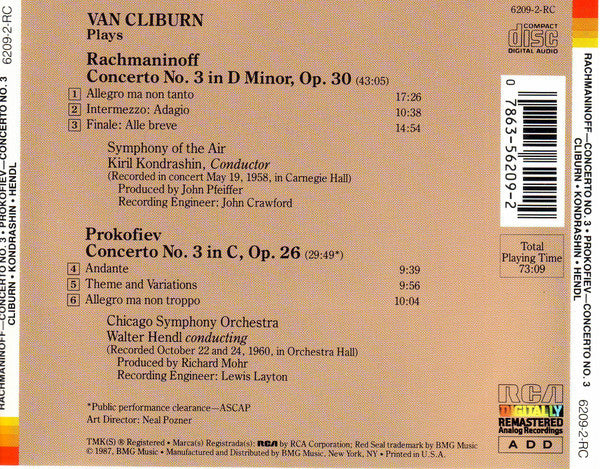 Van Cliburn - Sergei Vasilyevich Rachmaninoff / Sergei Prokofiev - Kiril Kondrashin, Symphony Of The Air / Walter Hendl, Chicago Symphony Orchestra : Concerto No. 3 / Concerto No. 3 (CD, RM)