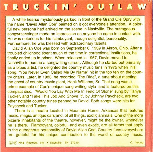 David Allan Coe : Truckin' Outlaw (CD, Album)