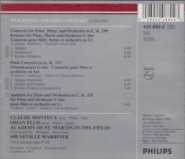 Wolfgang Amadeus Mozart / The Academy Of St. Martin-in-the-Fields, Sir Neville Marriner, Claude Monteux, Osian Ellis : Flute Concerto / Concerto For Flute And Harp  (CD, Album, RE, RM)