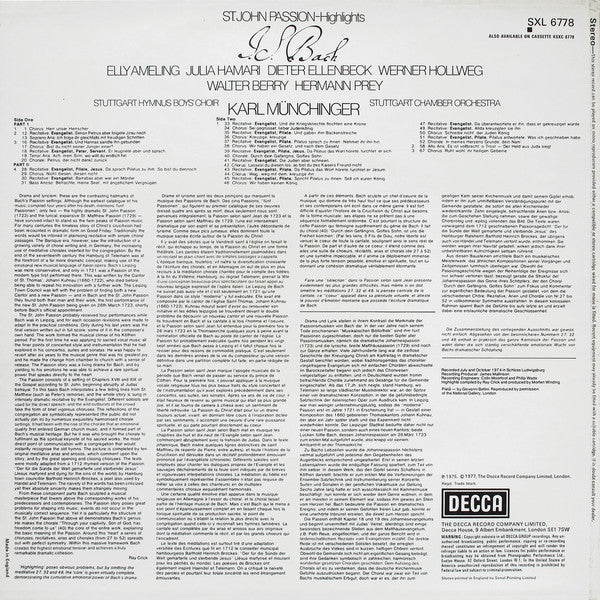 Johann Sebastian Bach, Elly Ameling, Julia Hamari, Dieter Ellenbeck, Werner Hollweg, Walter Berry, Hermann Prey, Karl Münchinger : St. John Passion - Highlights (LP)