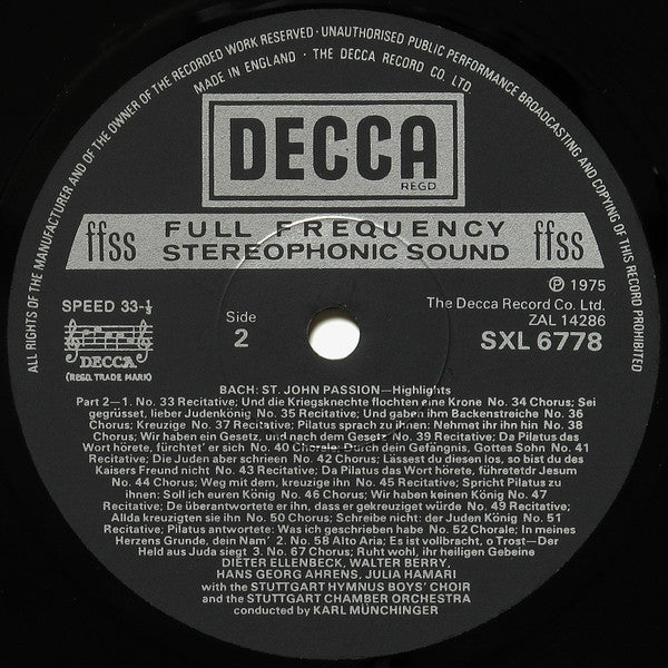 Johann Sebastian Bach, Elly Ameling, Julia Hamari, Dieter Ellenbeck, Werner Hollweg, Walter Berry, Hermann Prey, Karl Münchinger : St. John Passion - Highlights (LP)