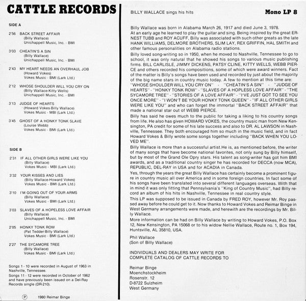 Billy Wallace (3) : Billy Wallace Sings His Hits (LP)