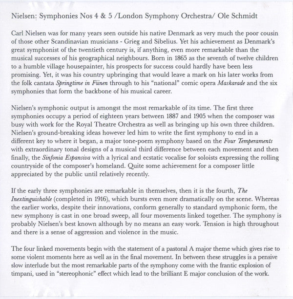 Carl Nielsen, London Symphony Orchestra, Ole Schmidt : Symphonies 4 ("Inextinguishable") & 5 (CD, Comp)