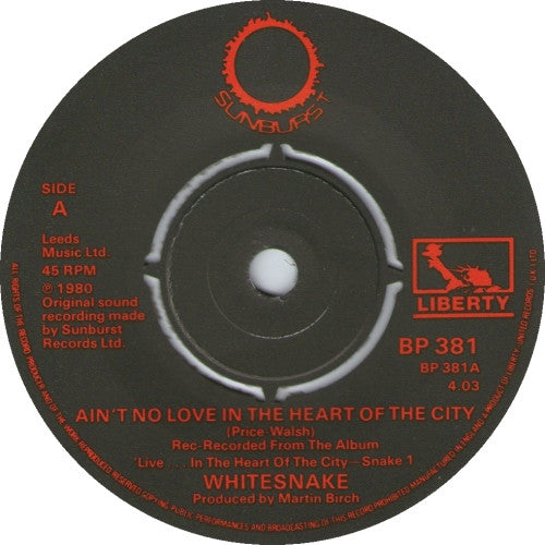 Whitesnake : Ain't No Love In The Heart Of The City (7", Single, Kno)