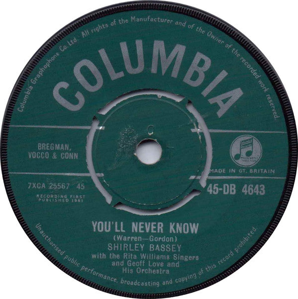 Shirley Bassey : You'll Never Know (7", Single)